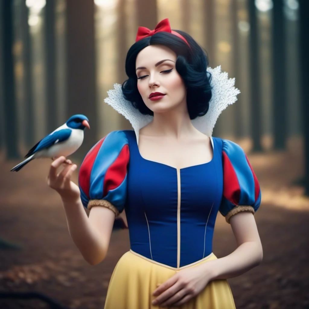 cinematic photo SnowWhite1024, a realistic woman hold a bird on her figer, forest <lora:SnowWhite1024:0.8> . 35mm photograph, film, bokeh, professional, 4k, highly detailed
