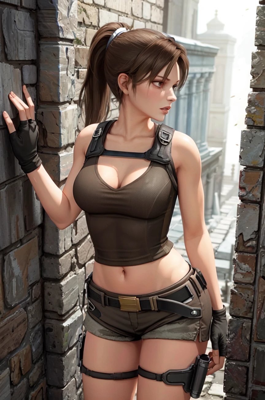 UndeworldLara, ponytail, brown hair, cleavage, tanktop, midriff, parted lips, shorts, thigh holster, leaning on wall, close-up, fingerless gloves, torch, temple, masterpiece, best quality, 