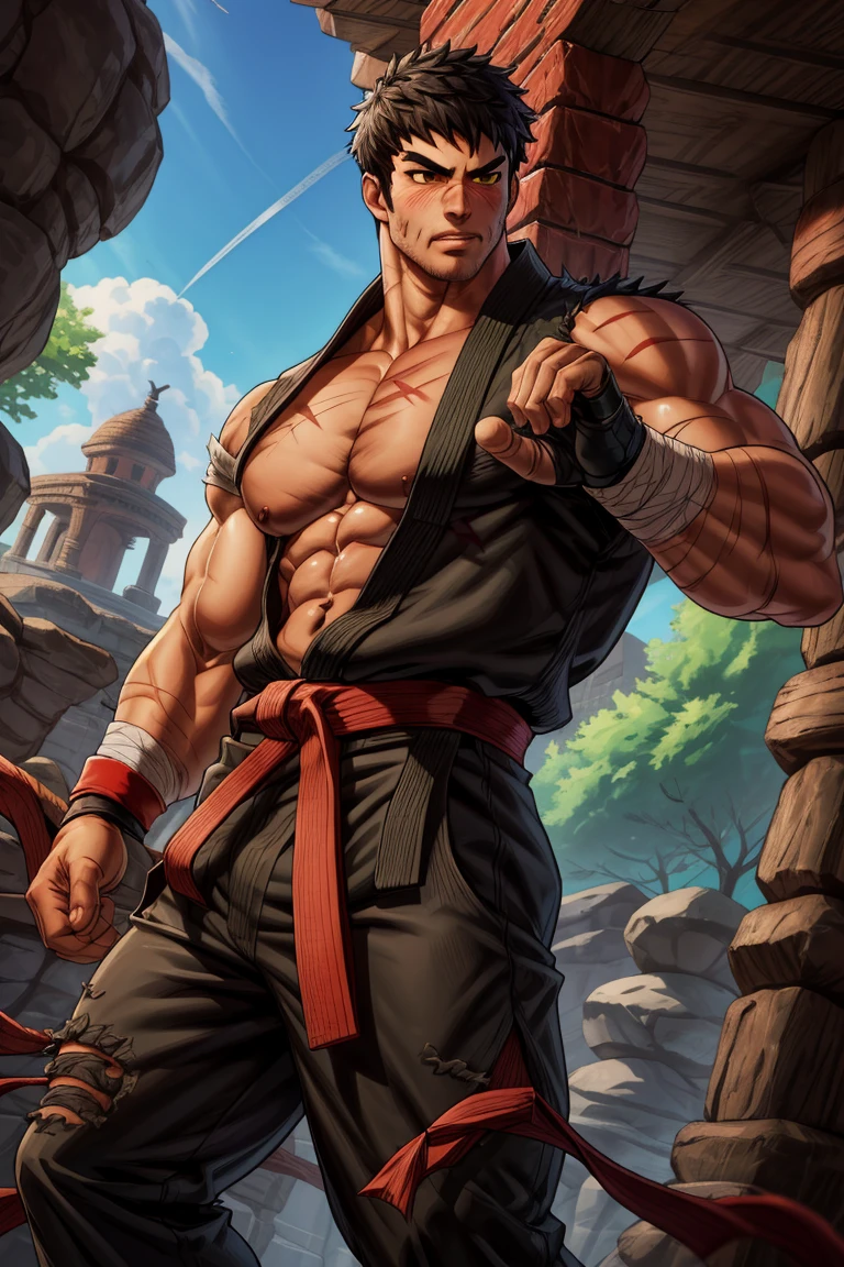 solo male, Grappler, Dungeon Fighter Online, black hair, short hair, brown eyes, thick eyebrows, forked eyebrows, stubble, green eyes, scars on face, scar on cheek, scar on chest, pectorals, pectoral cleavage, rn black dougi, black pants, red martial arts belt, yellow fingerless gloves, barefoot, bandaged hand, toned male, mature, masculine, hunk, handsome, charming, alluring, blush, shy, serious, fighting stance, upper body, perfect anatomy, perfect proportions, ((perfect eyes, perfect, parfect fingers)), best quality, masterpiece, high_resolution, dutch angle, cowboy shot, photo background, (looking outside)<lora:EMS-310905-EMS:0.700000>, <lora:EMS-3262-EMS:1.200000>