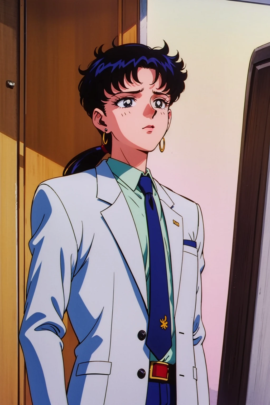 1boy, solo, long hair, black hair, jewelry, ponytail, earrings, necktie, indoors, black eyes, formal, suit, androgynous, office, <lora:EPTakeuchiNaokoStyle-03:1> EPTakeuchiNaokoStyle, 1990s \(style\), anime screencap, retro artstyle, anime coloring, traditional media