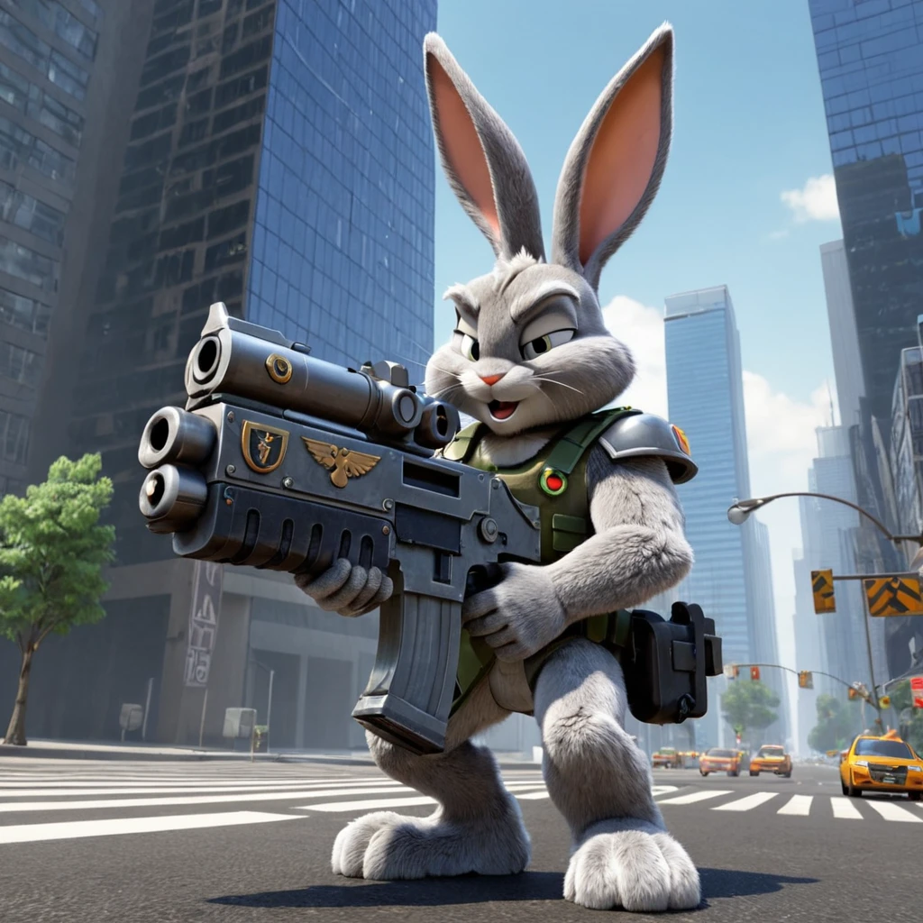 Bugs Bunny aiming (a bltgun bolter weapon) in his hand,   city street, traffic, skyscrapers,  High quality 3D rendering, fantasy, Pixar 3D character design style, ZBrush high-polygon modeling,