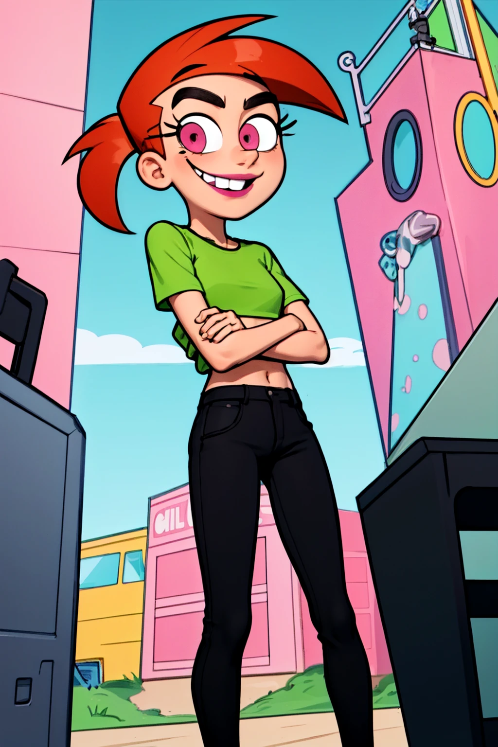 vicky, ponytail,orange hair, lipstick, solo, 1girl, green crop top, pink eyes, black pants,midriff standing, short sleeves, looking at viewer ,smile,crossed arms, <lora:Vicky(1.0):0.5>
