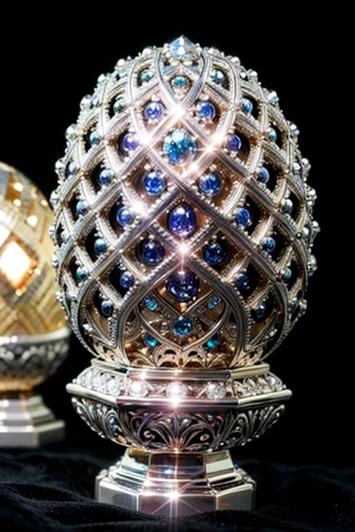 ((amazing faberge egg-shaped diamond , glittering facets, intricate details, silver filigree, magnificent art object, sitting on black velvet, cinematic lighting)) ((ultra-HD-Details))