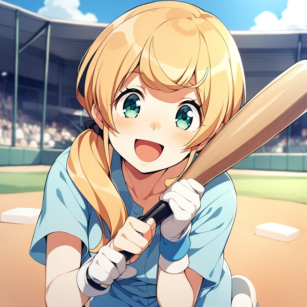 1girl,solo,smile,open mouth,ellenbaker,<lora:ellenbaker_xl:1>,outdoors,swing baseball bat,baseball,sports ground,light blue clothing,best quality,