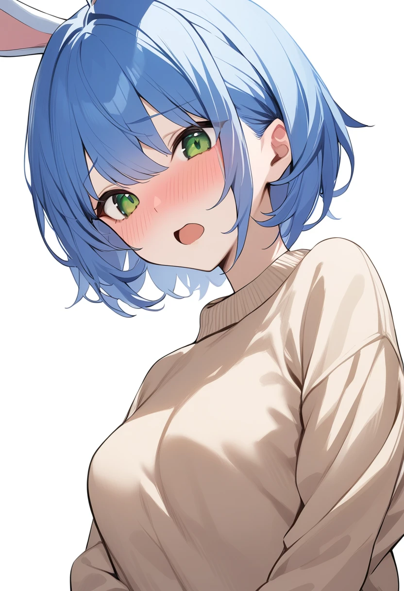 1girl, solo,
short hair, blue hair, green eyes, medium breasts, open mouth, nose blush, rabbit ears, sweater,
white background,
masterpiece, best quality,
