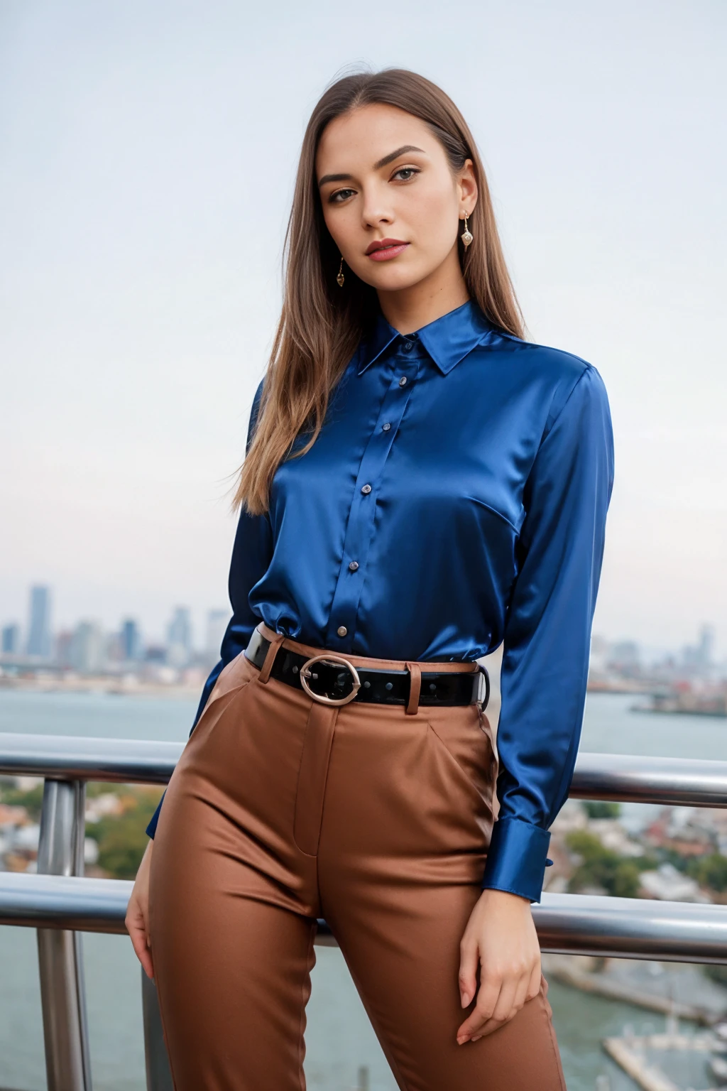 1 Italian woman , far away, wavy fur, brown dark eyes, medium breasts, with dark blue blouse , taking a picture standing up, Bite your lips, sensuous