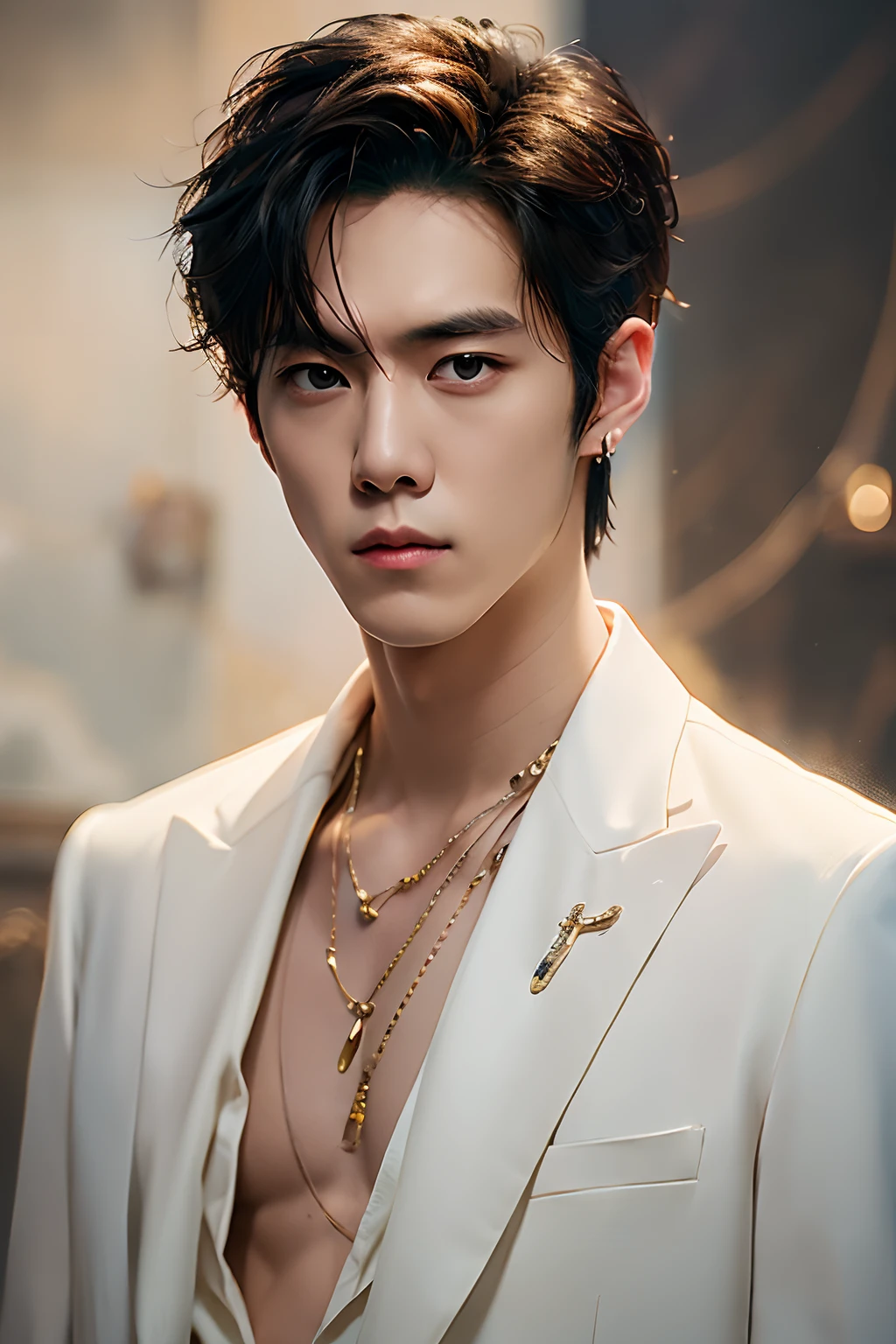<lora:æ¼äº®ç·å©:0.7>,a man with a white suit and a necklace on his neck and chest, wearing a white shirt and a necklace