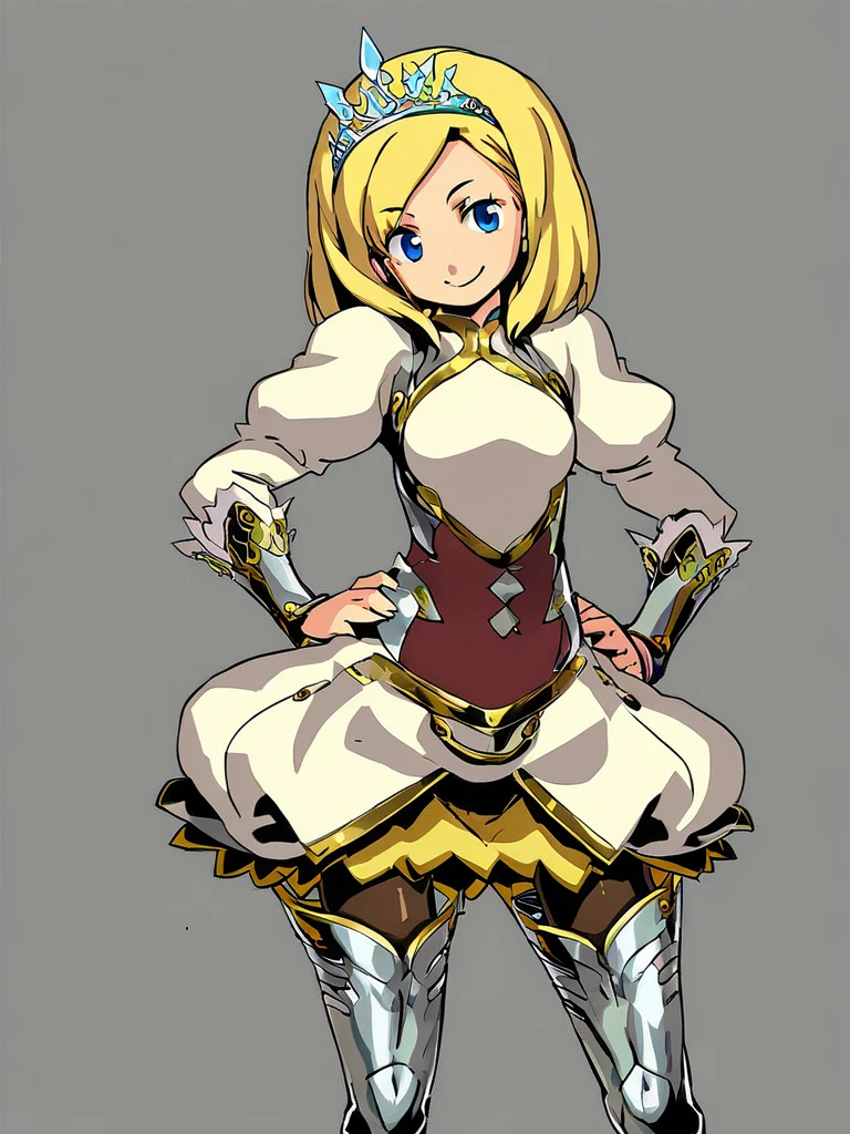 <lora:Himukai-PonyXL-1024px:1>
source_anime,
1girl, solo, standing, blonde hair, thigh boots, pantyhose, metal breastplate, hand on hips, puffy sleeves, smile, pauldrons, tiara