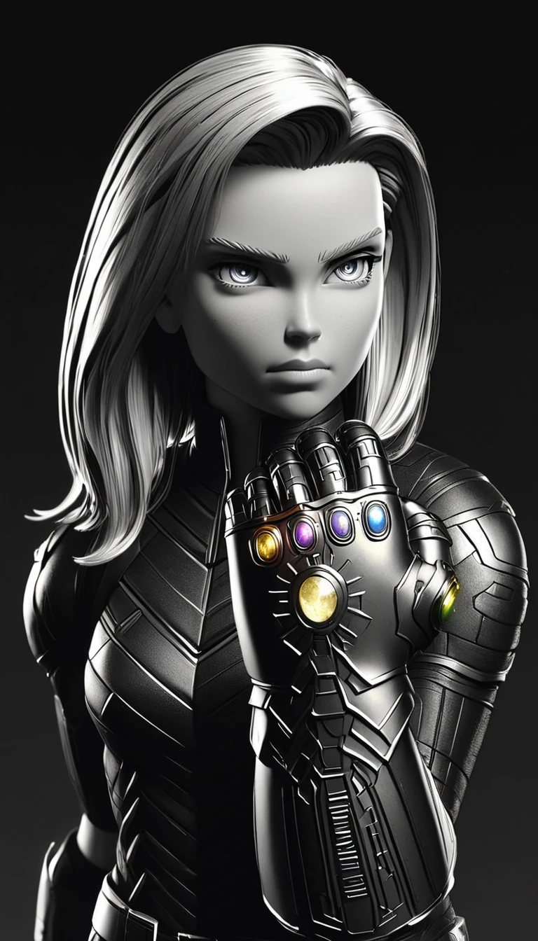 line drawing Android 18, wearing the InfinityGauntlet