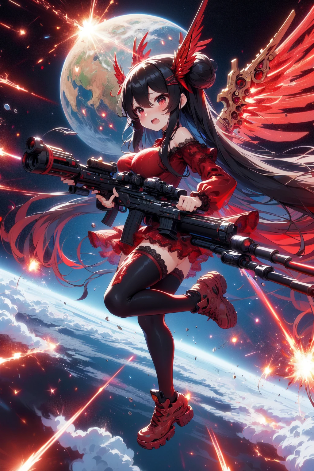 (((masterpiece))), (((best quality))), (((symmetry))), (((from below))), (((soles of feet))), (((dual wielding twin buster rifle))), (((gatling gun))), (((colorful huge beam impact))), (((firing))), (((glowing))), (((power)), (((electricity))), ((red mechanical wings)), ((red qipao tight suit)), ((off shoulder)), miniskirt, ((leggings)), ((flying in space)), ((earth)), (((planet))), solo, 1girl, ((big tits)), black very long hair, hairclip, ribbon, open mouth, sweat, shy, blush, ((slim figure)),  <lora:girllikebusterrifle:1>