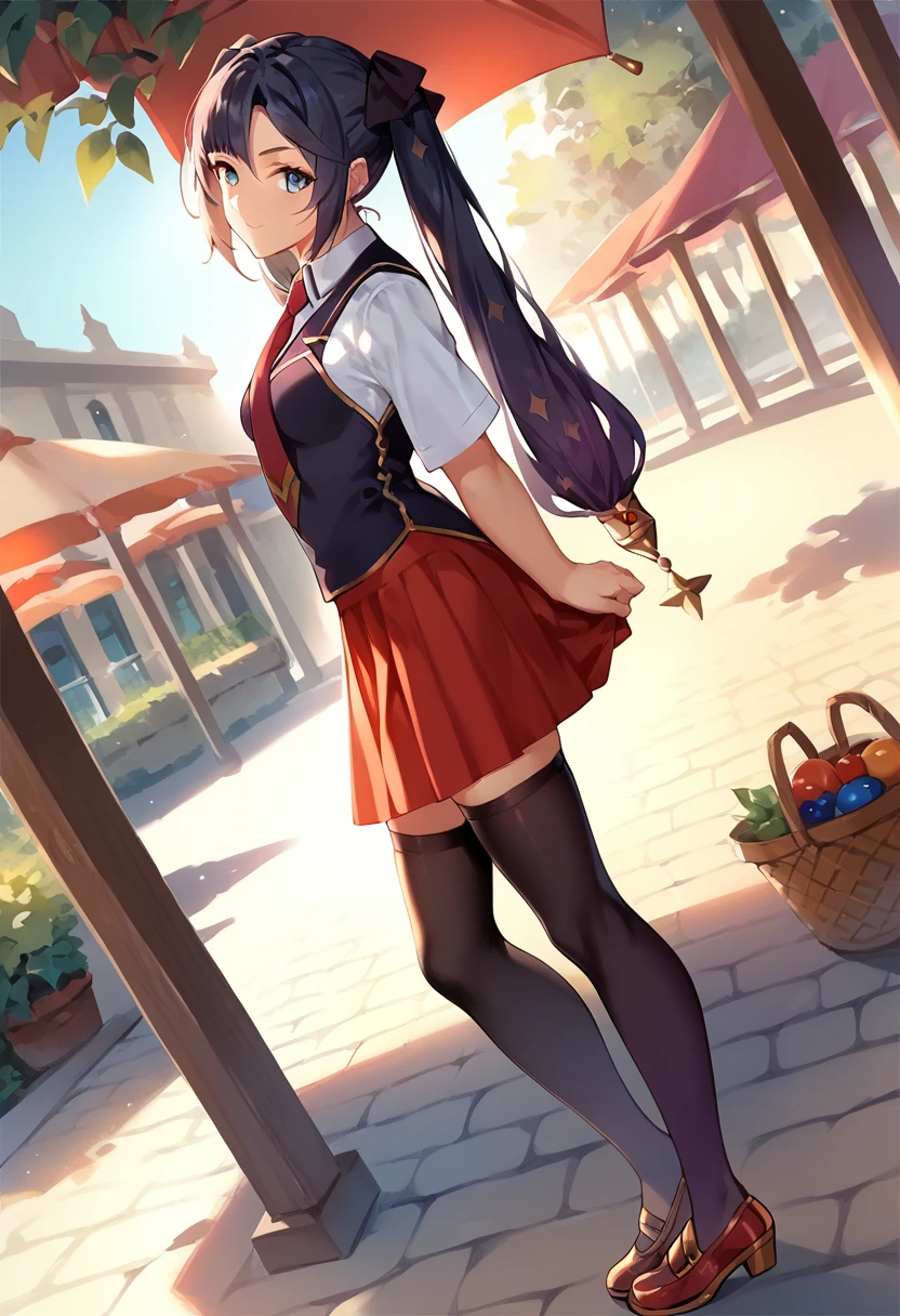 score_9, score_8_up, score_7_up, score_6_up, score_5_up, score_4_up, a girl in a midtown, stores, outdoors, multiple_others, from side, (mona \(genshin impact\):0.8) <lora:ka_style_xl_v2-000021:.8> <lora:bible_black_uniform_xl_v3:0.6> school uniform, white shirt, black vest, black thighhighs, red skirt, red necktie, full body, dutch angle, sunlight, looking at viewer,