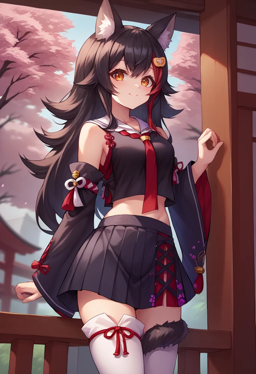 score_9, score_6_up, source_anime, 1girl, solo, cherry blossom, mio_base, long hair, hair ornament, sailor collar, red necktie, black shirt, black skirt, detached sleeves, midriff, kouhaku nawa, white thighhighs, tail wrap, tail around leg, light smile <lora:mioXL-10:1>