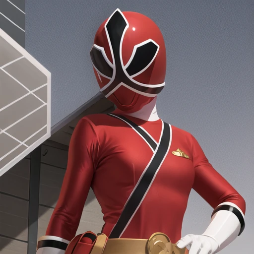 <lora:ranger:0.85>, 1girl, solo, simple coloured background, red body suit, hand on hip, large breasts