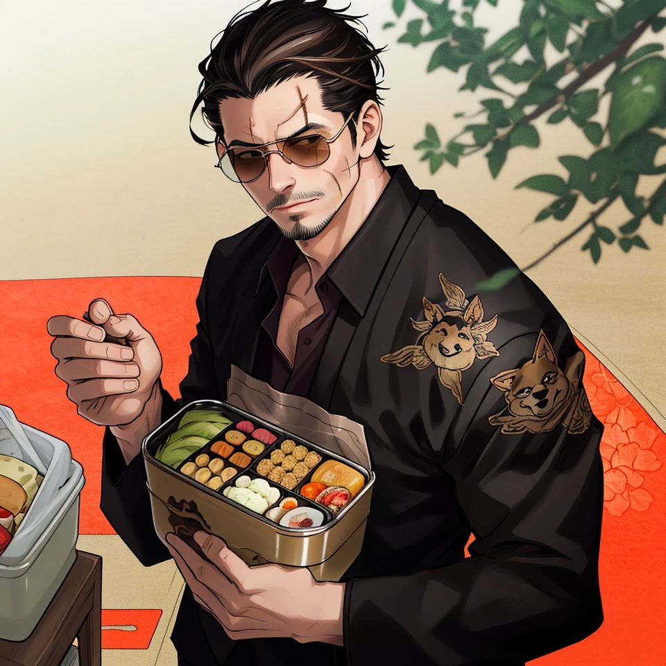 solo male, Tatsu, Japanese, househusband, yakuza, tattoos on body, black hair, slicked back hair, stubble, dark brown eyes, scar on face, casual-formal wear, dark collared shirt, black jacket, long sleeves, black pants, cream-colored apron with Shiba Inu print, (aviator sunglasses), black shoes, toned male, mature, handsome, charming, alluring, smirk, (holding bento, Japanese-style packed lunch), delicious food, upper body, perfect anatomy, perfect proportions, best quality, masterpiece, high_resolution, dutch angle, photo background, modern bright kitchen, pov, sunlight, bright background, (perfect hands, perfect fingers:1.1), (Hands:1.1), better_hands<lora:EMS-310194-EMS:0.600000>, <lora:EMS-3262-EMS:0.900000>