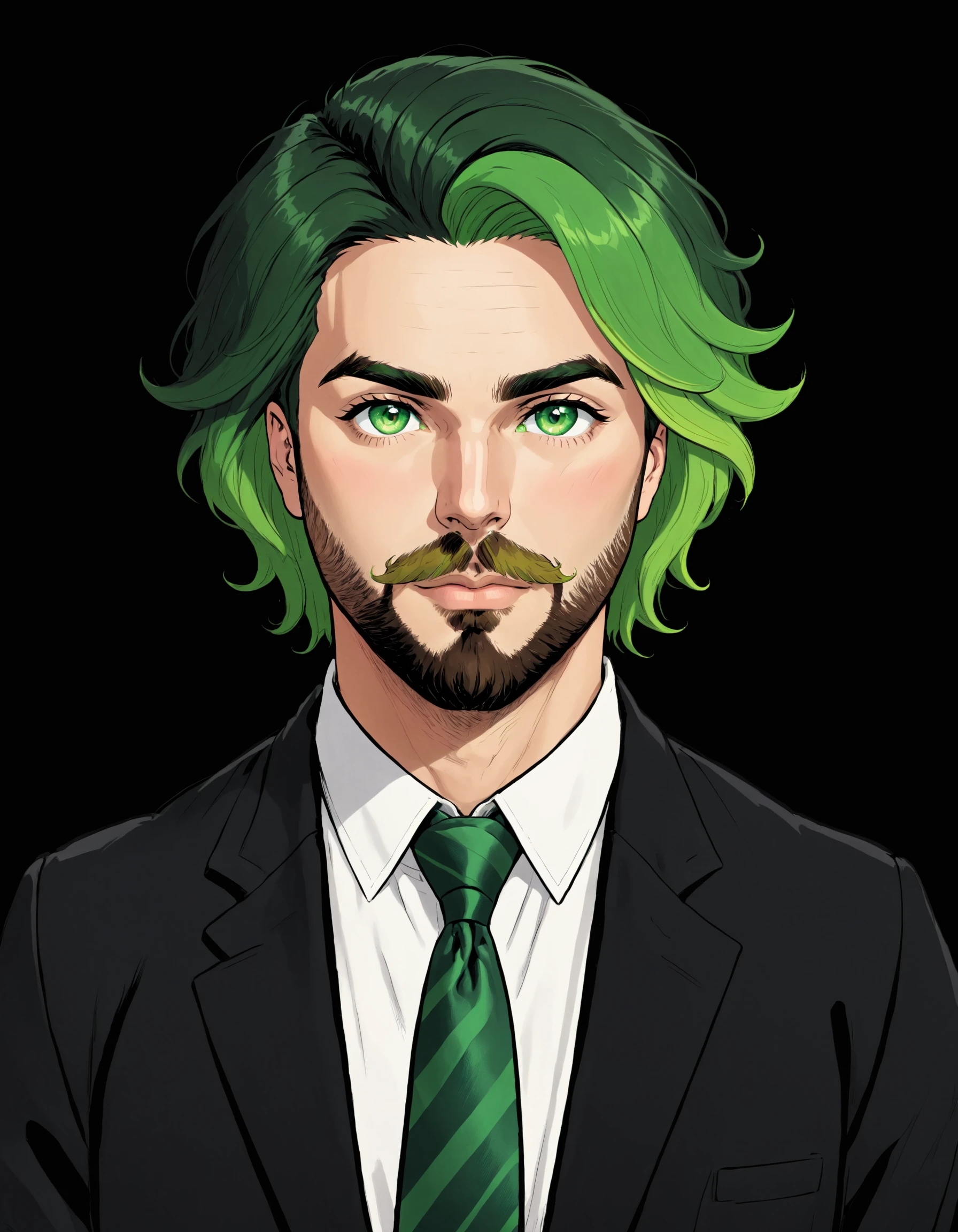 0b4k3sks style, solo, looking at viewer, short hair, shirt, 1boy, closed mouth, green eyes, jacket, white shirt, male focus, green hair, necktie, collared shirt, black jacket, gradient background, facial hair, thick eyebrows, black background, beard, green background, mustache, green necktie , <lora:PoltergeistMixStyle:0.8>