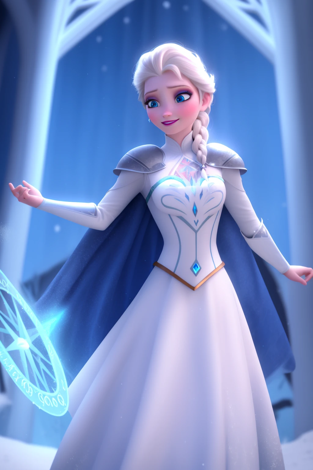 sysdeep_elsa, 1girl, solo, looking_at_viewer, smile, blue_eyes, blonde_hair, single_braid, makeup, (white_armor), casting, spell, ice, snow, magic_circle