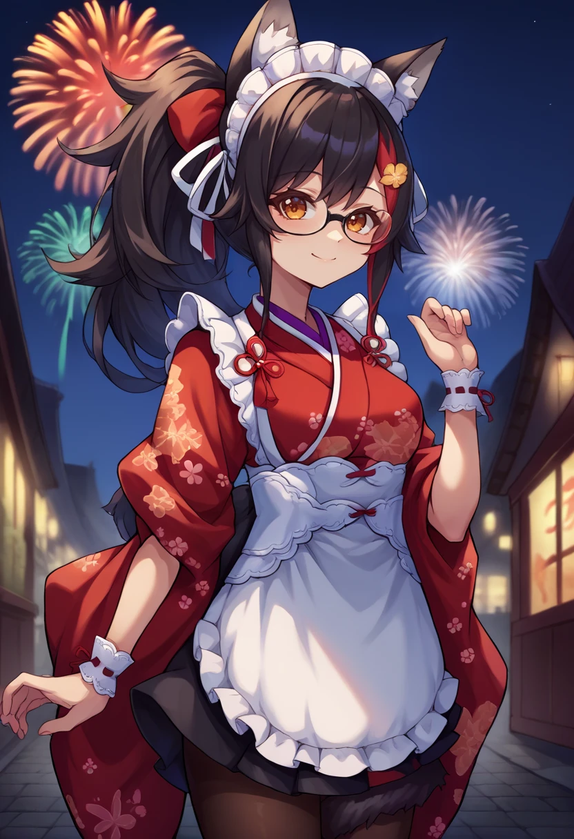 score_9, score_6_up, source_anime, 1girl, solo, town, night, fireworks, mio_newyears, ponytail, hair ornament, red kimono, flower print, white apron, frills, glasses, wrist cuffs, maid headdress, black pantyhose, tail wrap, tail around leg, light smile <lora:mioXL-10:1>