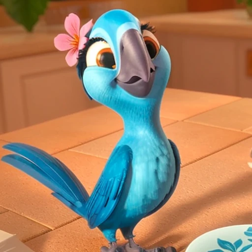 <lora:Bia(BirdMovie,Rio):0.7> Bia, sfw, spix macaw,female, blue feathers, 3d, cgi, detailed, flower on head, smile <lora:BirdMovie:0.3>