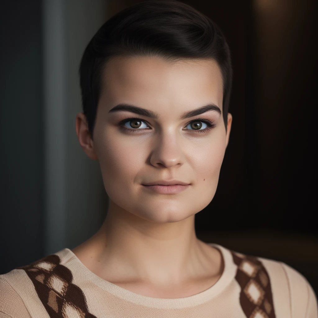 Best_QualityPos, RAW photo, intricate details, best quality, 8k uhd, soft lighting, 1girl, solo, Brianna Hildebrand, buzz cut, black hair, brown eyes, smug <lora:Brianna_Hildebrand:0.5>