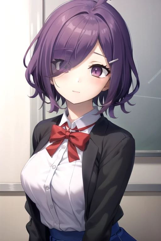((masterpiece)),(best quality),official art,extremely detailed CG,unity 8k wallpaper,ultra detailed,beautiful detailed eyes,extremely detailed face,classroom,1girl,solo,upper body,(portrait:1.5),looking at viewer,facing viewer,Nemuribuka Maruri,ahoge,short hair,purple hair,hair ornament,hairclip,hair over one eye,bangs,purple eyes,black jacket,open jacket,collared shirt,white shirt,red bowtie,long sleeves,medium breasts,blue skirt,white pantyhose,loafers,<lora:Nemuribuka Maruri(sin):0.8>,