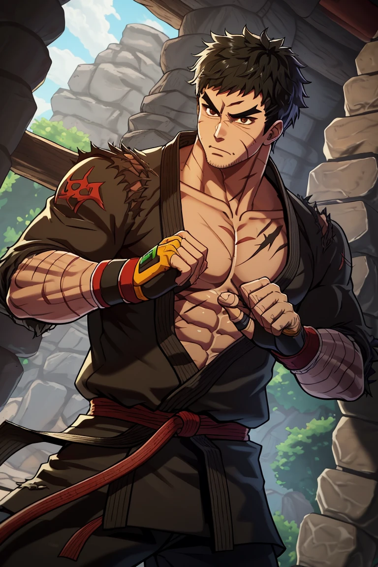 solo male, Grappler, Dungeon Fighter Online, black hair, short hair, brown eyes, thick eyebrows, forked eyebrows, stubble, green eyes, scars on face, scar on cheek, scar on chest, pectorals, pectoral cleavage, rn black dougi, black pants, red martial arts belt, yellow fingerless gloves, barefoot, bandaged hand, toned male, mature, masculine, hunk, handsome, charming, alluring, blush, shy, serious, fighting stance, upper body, perfect anatomy, perfect proportions, ((perfect eyes, perfect, parfect fingers)), best quality, masterpiece, high_resolution, dutch angle, cowboy shot, photo background, (looking outside)<lora:EMS-310905-EMS:0.700000>, <lora:EMS-3262-EMS:1.100000>