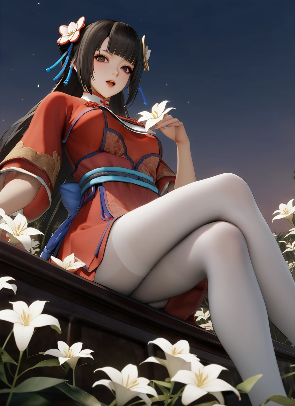 masterpiece, best quality, dynasty warriors_daqiao, chinese clothes, red dress, from side, from below, black eyes, long hair, blunt bangs, sitting, white flowers, jasmine \(flower\), night, flower land, grasslands, flowers on hand, looking at viewer, open mouth, glowing flower, gradient sky, white pantyhose, crossed legs, <lora:dynasty warrios_大ä¹_xl:0.7> <lora:lily_style_xl:0.4> <lora:rei_style_xl:0.4>