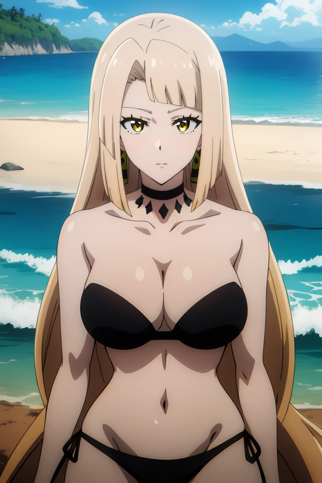 anime girl in bikini posing on beach with ocean in background, Lorraine Vivie, The Unwanted undead adventurer, female anime character, official anime still, seductive anime girl, anime best girl, anya from spy x family, today's featured anime still, anime visual of a young woman, blonde anime girl with long hair, anime still, in the anime film, portrait of a female anime hero, official studio anime still