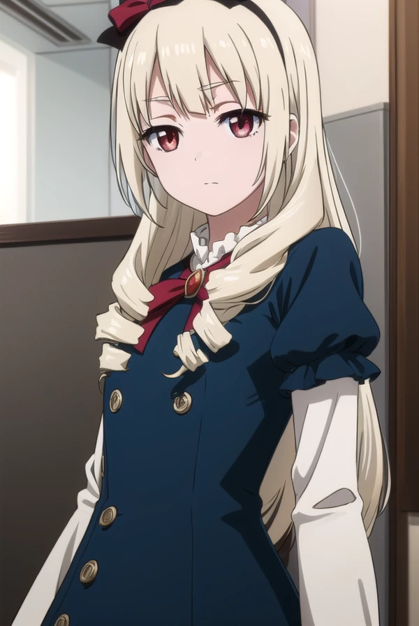 rinkoogasawara, <lora:rinko ogasawara s1-lora-nochekaiser:1>,
rinko ogasawara, long hair, blonde hair, (red eyes:1.3), bow, hair bow, hairband, drill hair, twin drills,
BREAK dress, dress, blue dress, bowtie, gemstone, puffy sleeves, juliet sleeves, long sleeves, frills, pantyhose,
BREAK indoors, office,
BREAK looking at viewer, (cowboy shot:1.5), dynamic pose,
BREAK <lyco:GoodHands-beta2:1>, (masterpiece:1.2), best quality, high resolution, unity 8k wallpaper, (illustration:0.8), (beautiful detailed eyes:1.6), extremely detailed face, perfect lighting, extremely detailed CG, (perfect hands, perfect anatomy),