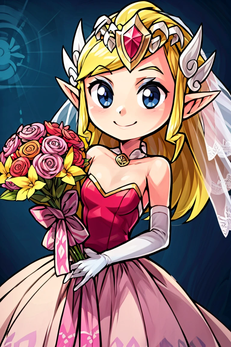 ((masterpiece, best quality)), anime style, <lora:more_details:0.5>, <lora:Toon_Zelda_v1:0.8>, toon zelda, 1girl, solo, smile, tiara, cowboy shot, bride, wedding dress, bridal veil, strapless dress, elbow gloves, holding bouquet,
