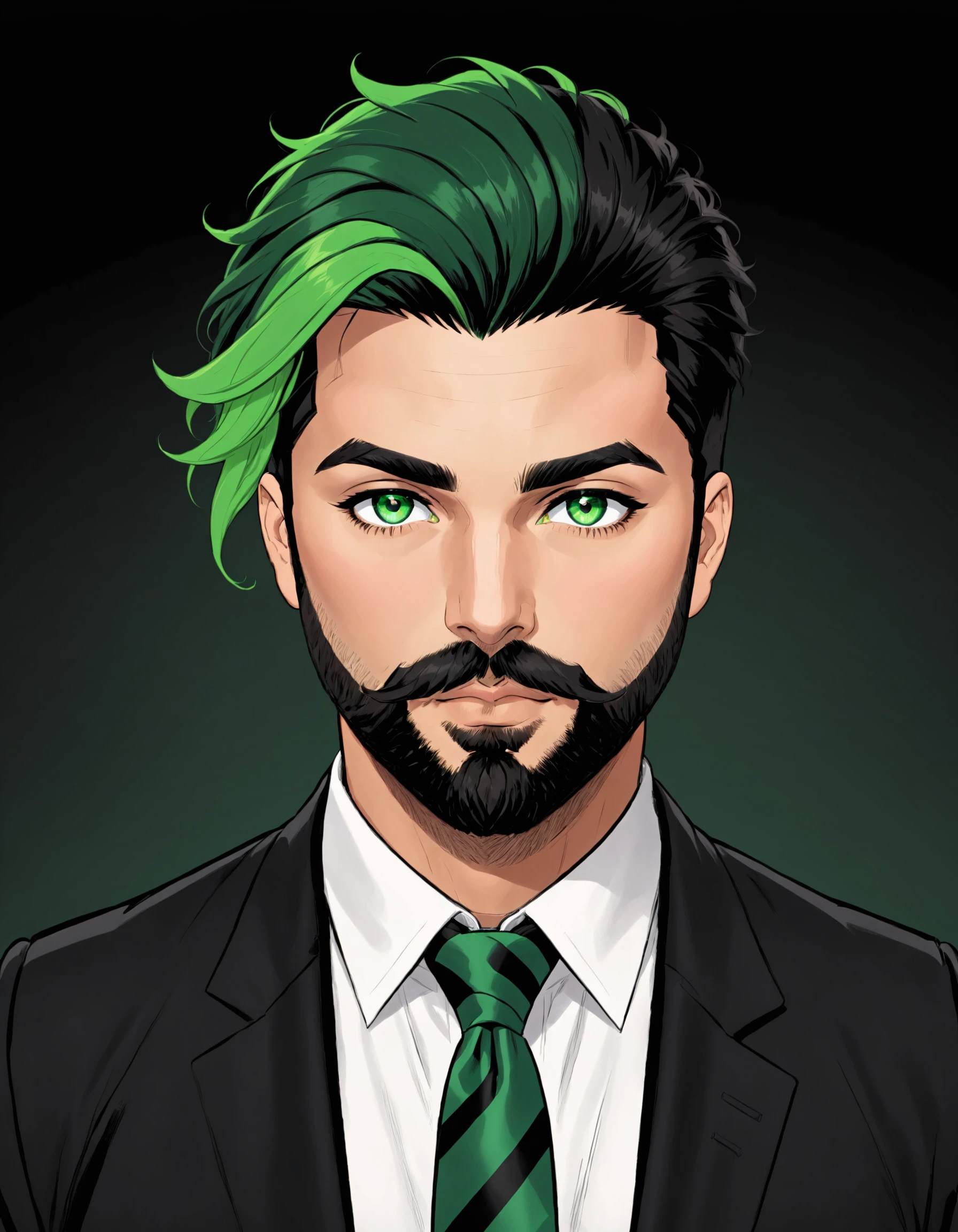 0b4k3sks style, solo, looking at viewer, short hair, shirt, 1boy, closed mouth, green eyes, jacket, white shirt, male focus, green hair, necktie, collared shirt, black jacket, gradient background, facial hair, thick eyebrows, black background, beard, green background, mustache, green necktie , <lora:PoltergeistStyle_ponyxl:0.8>