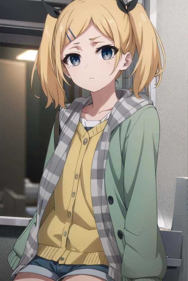 erikayano, <lora:erika yano s1-lora-nochekaiser:1>,
erika yano, short hair, blonde hair, hair ornament, twintails, hairclip, mole, (grey eyes:1.3), mole under eye, short twintails, ribbon, hair ribbon,
BREAK cardigan, shorts, (green cardigan:1.2), thighhighs, striped, striped thighhighs, grey shorts,
BREAK indoors, office,
BREAK looking at viewer, (cowboy shot:1.5), dynamic pose,
BREAK <lyco:GoodHands-beta2:1>, (masterpiece:1.2), best quality, high resolution, unity 8k wallpaper, (illustration:0.8), (beautiful detailed eyes:1.6), extremely detailed face, perfect lighting, extremely detailed CG, (perfect hands, perfect anatomy),