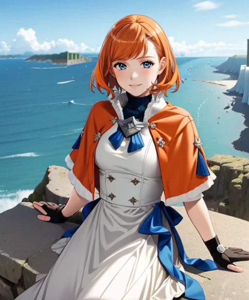 portrait, (adult woman), (1girl, solo), smile, (orange hair), ((coast, bay, cliffs, ocean)), (distant castle on a cliff), ((best quality, high detail)), ((masterpiece)), <lora:Annette_FE:0.7> (annette_war), medium hair, caplet, gloves, dress, <lora:1_ino_20e:1>