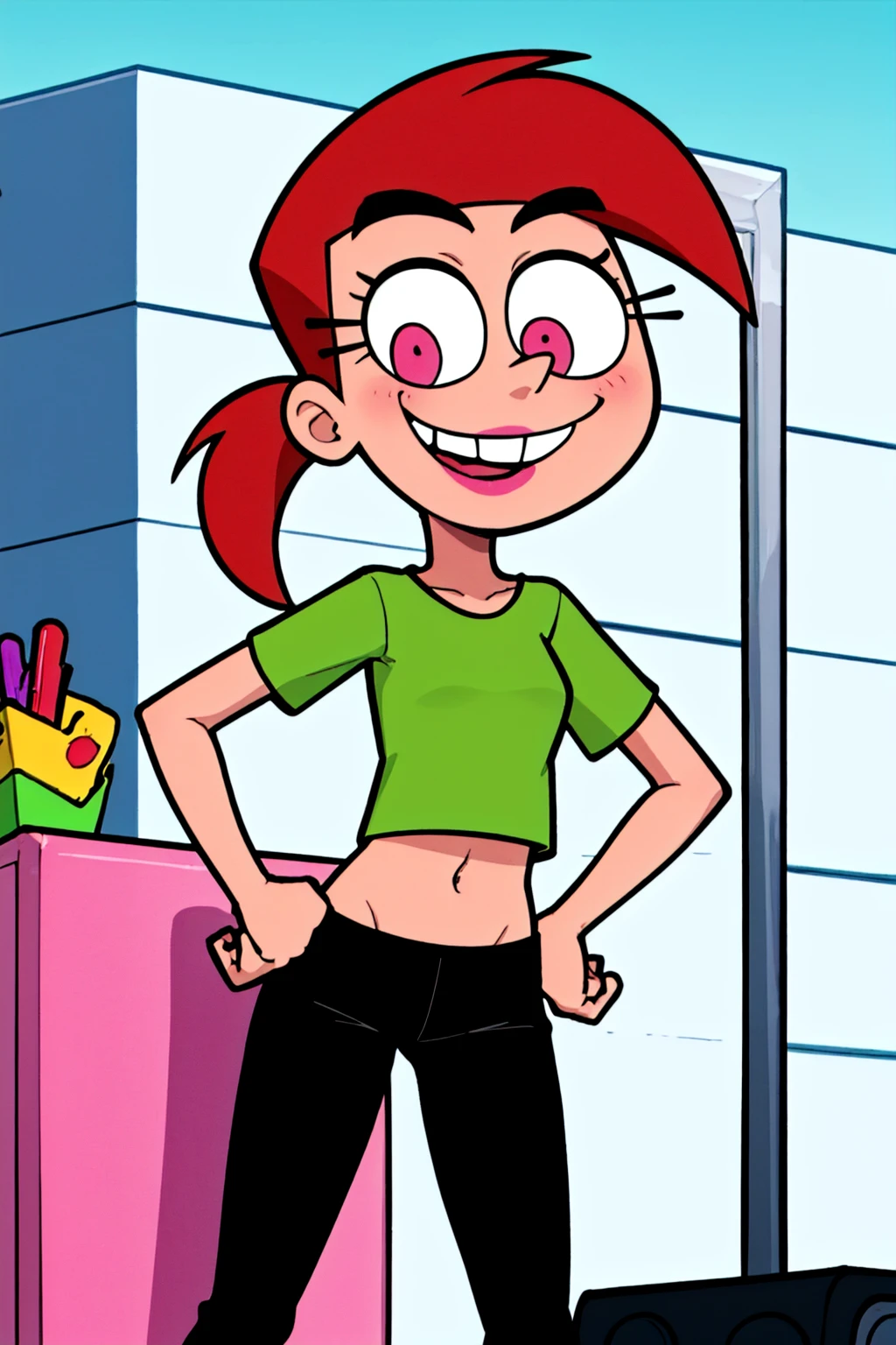 vicky, ponytail, lipstick, solo, 1girl, green crop top, pink eyes, black pants, standing, short sleeves, looking at viewer ,midriff,smile, hand on own hip,   <lora:Vicky3:0.5>
