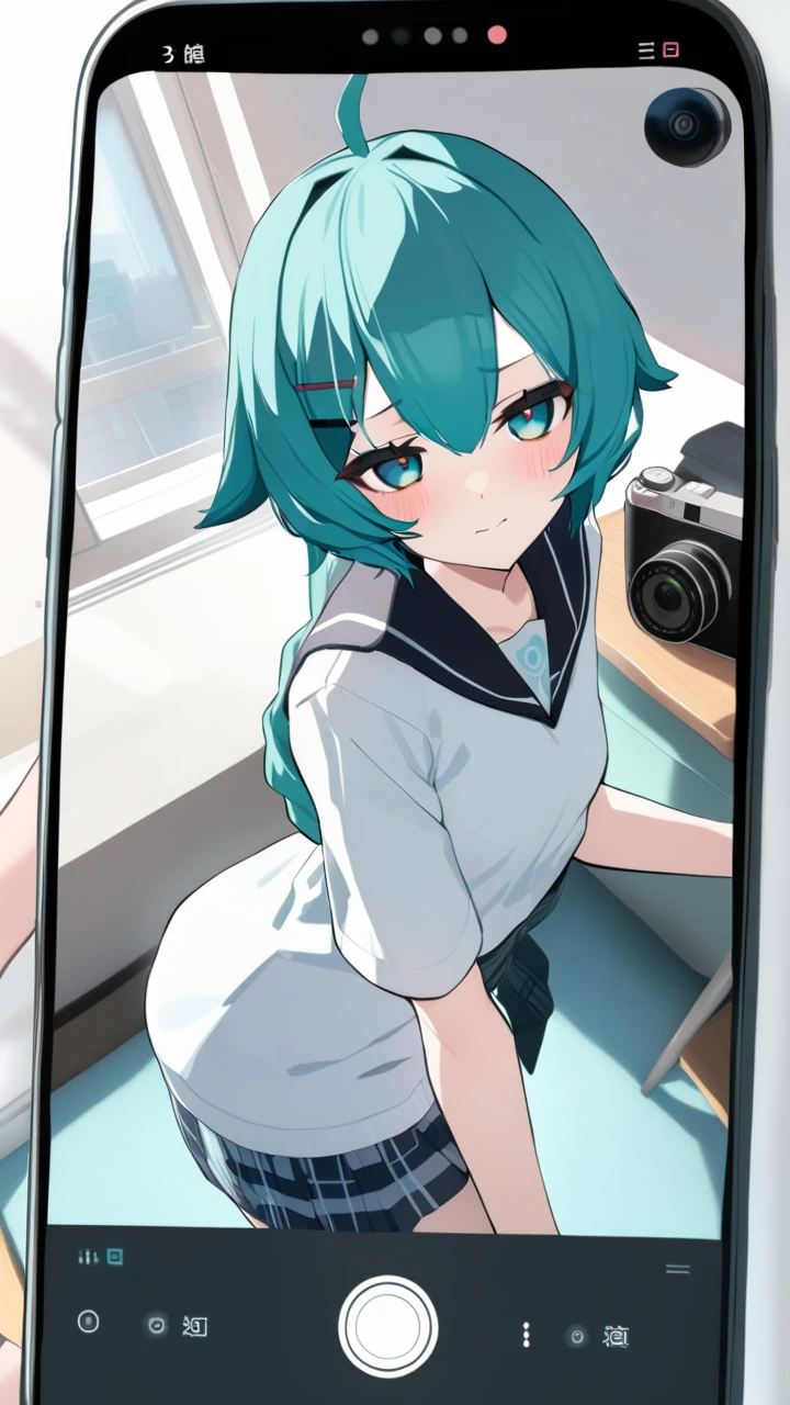 medium quality,1girl,vrchat hakka,school uniform,Camera ui,masterpiece,  <lora:hakka_v0.1:1>