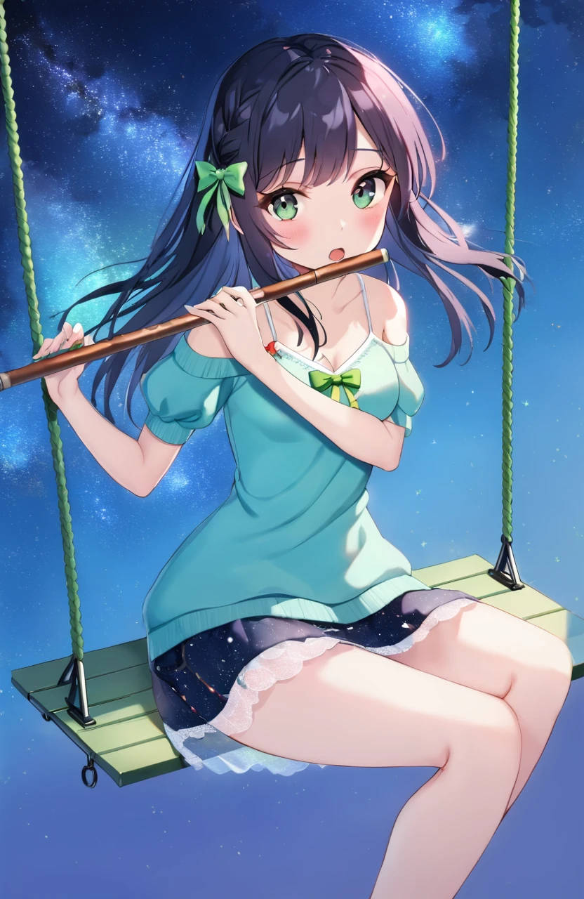 1girl,solo,open mouth,(long hair:1.2),french braid,sidelocks,short braid,four-leaf clover,green eyes,small breasts,black hair,bowtie,looking at viewer,tress ribbon,hair bow,sweater,blush,starry sky print,blue eyes,spaghetti strap,playing flute,flute,cross-laced skirt,lace trim,dutch angle,wind lift,falling,blue sky,swing,sitting,barefoot,swing set,puffy short sleeves, <lora:flute:1>