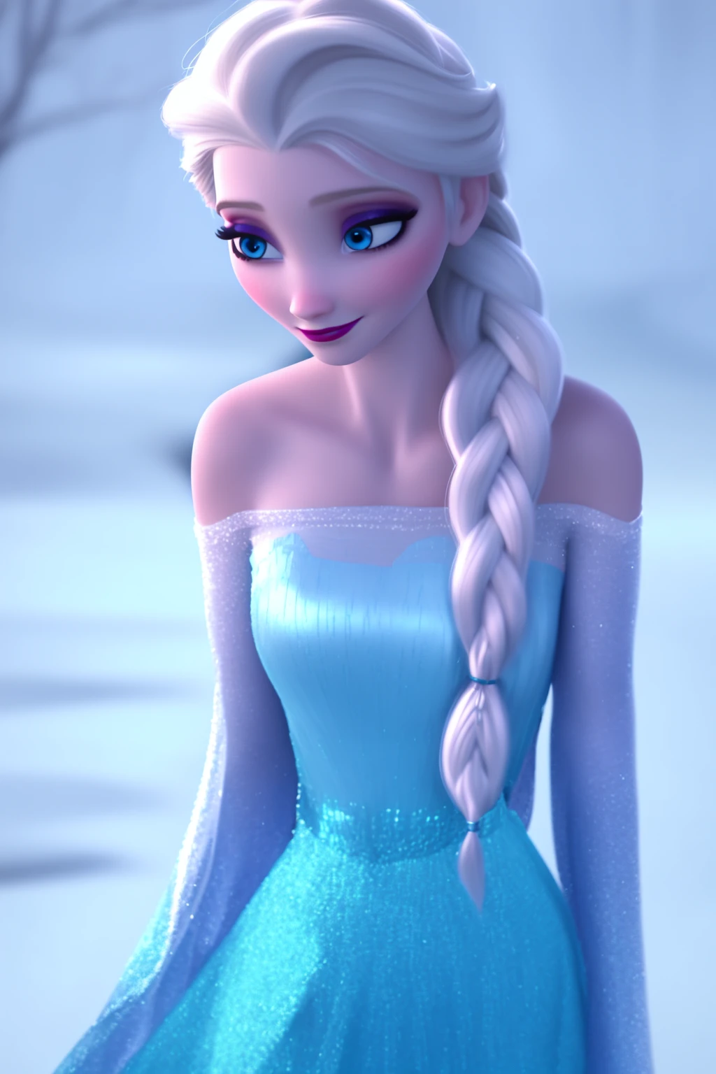 sysdeep_elsa, 1girl, solo, long_hair, blue_eyes, blonde_hair, bare_shoulders, braid, white_hair, single_braid, makeup, blue_dress, looking_down, lipstick, hair_over_shoulder, eyeshadow, red_lips, smile
