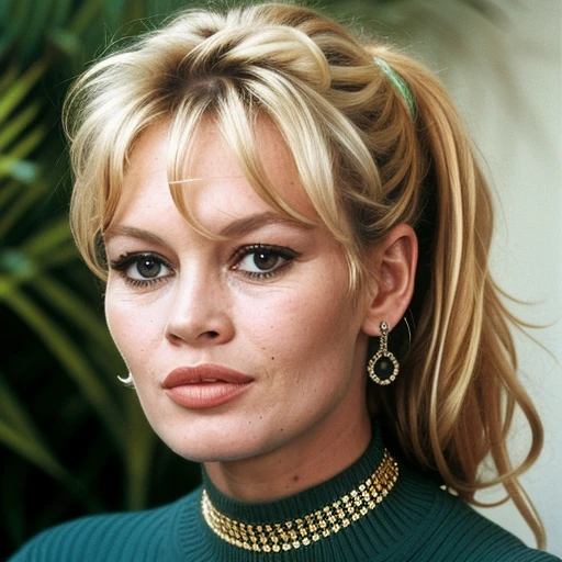 a photo of Bardot1_512-2400, a woman wearing a green knit sweater, a woman wearing a gold necklace and earrings,