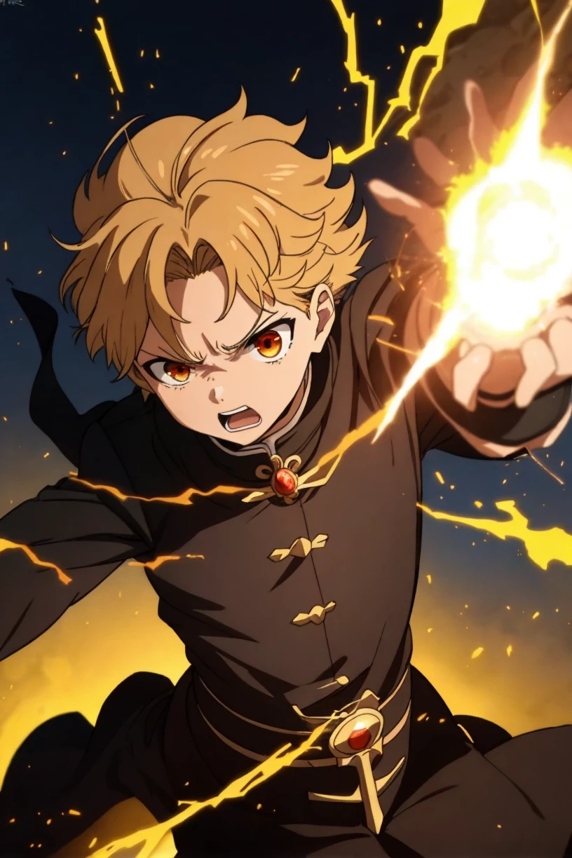 1 boy, rudeus, anime boy, anime, boy, masterpiece, full body, ultra-detailed, yellow and gold hair, windy hair, long hair,(angry:1.8), (crying:2.0), rage, sad, black hoodie, fire magic, necklace, broken gem, chains around, chains shield, (tears:2.4), black gloves, raised eyebrows, (screaming:1.6), power blast, fire energy, true power, true form, evolution, fire aura, fire shield, jitome, night burnt forest scene, solo, UHD, super detail, forest in ashes, combat, sunset, fire particles, ashes, red and dark colors, ((masterpiece)), revenge,