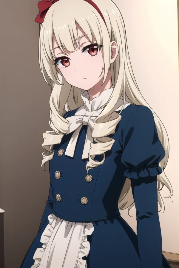 rinkoogasawara, <lora:rinko ogasawara s1-lora-nochekaiser:1>,
rinko ogasawara, long hair, blonde hair, (red eyes:1.3), bow, hair bow, hairband, drill hair, twin drills,
BREAK dress, dress, blue dress, bowtie, gemstone, puffy sleeves, juliet sleeves, long sleeves, frills, pantyhose,
BREAK indoors, office,
BREAK looking at viewer, (cowboy shot:1.5), dynamic pose,
BREAK <lyco:GoodHands-beta2:1>, (masterpiece:1.2), best quality, high resolution, unity 8k wallpaper, (illustration:0.8), (beautiful detailed eyes:1.6), extremely detailed face, perfect lighting, extremely detailed CG, (perfect hands, perfect anatomy),