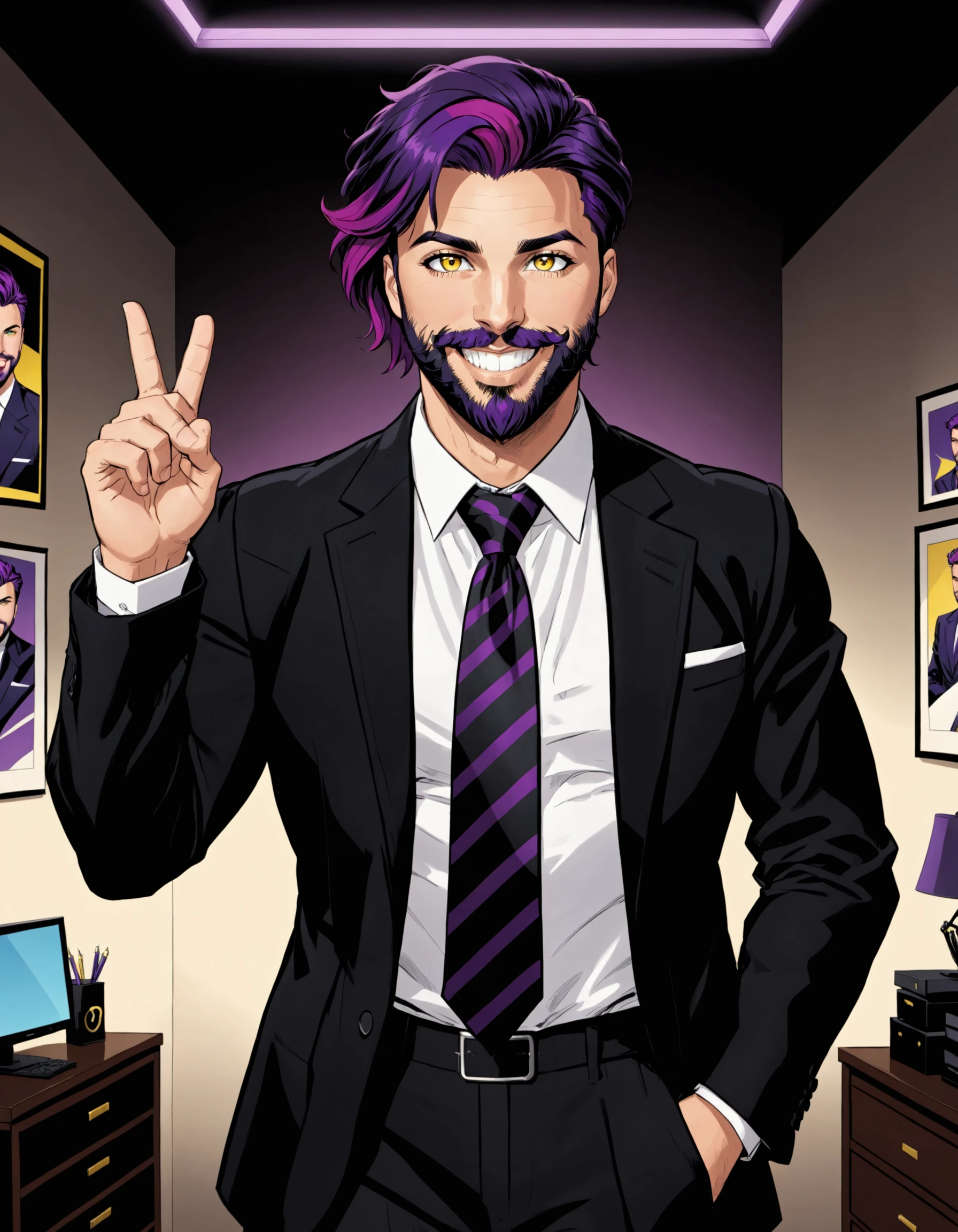 0b4k3sks style, solo, looking at viewer, smile, short hair, shirt, 1boy, jewelry, jacket, yellow eyes, white shirt, purple hair, male focus, necktie, teeth, striped, collared shirt, pants, grin, black jacket, v, two fingers up, facial hair, black pants, formal, ring, suit, beard, mustache, comic book style, striped necktie, purple necktie, best illustration, cinematic angle, cinematic lighting, masterpiece, official art, <lora:PoltergeistStyle_ponyxl:0.8>