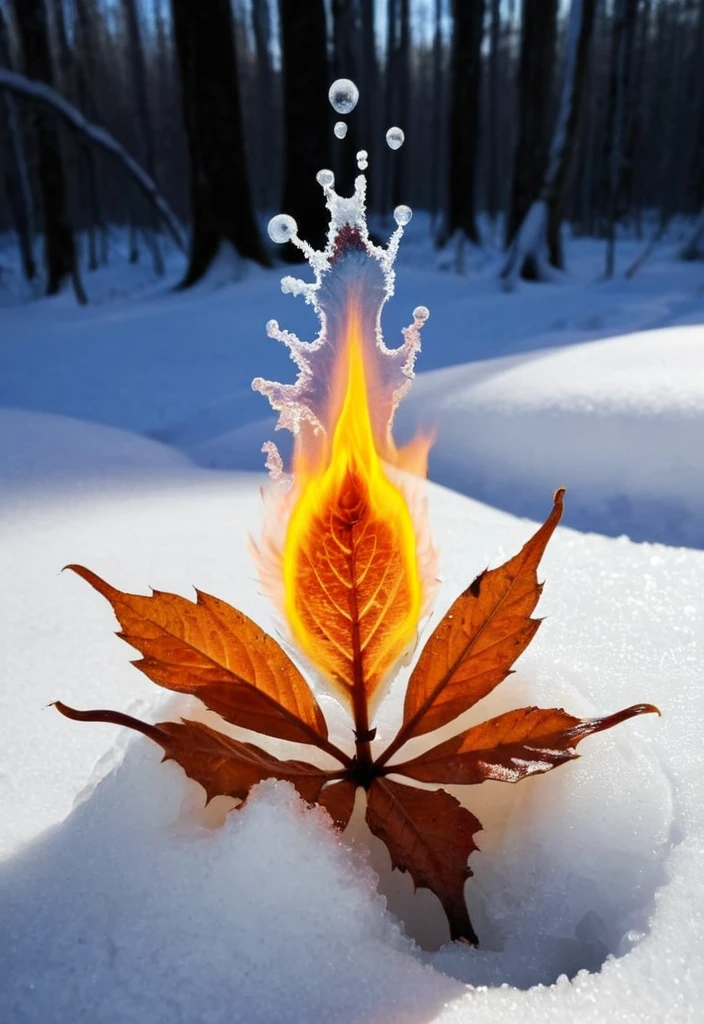 photo of frozen flame, liquide drops, snow crystals, hot, leaf, surrounded by a magic glow