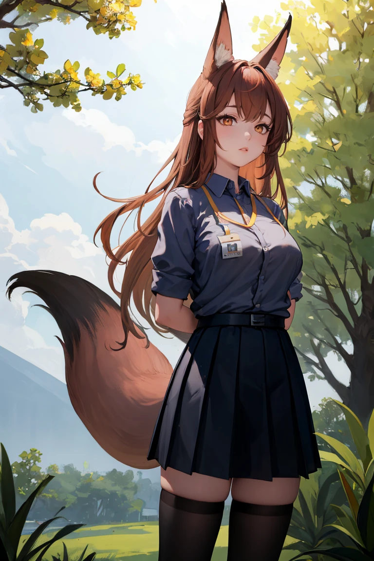 masterpiece, best quality, absurdres, 1girl, solo, FrankaBase, long hair, collared shirt, grey shirt, id card, black gloves, black skirt, black thighhighs, uneven legwear, fox tail, arms behind back, standing, outdoors, <lora:FrankaArknights:1>