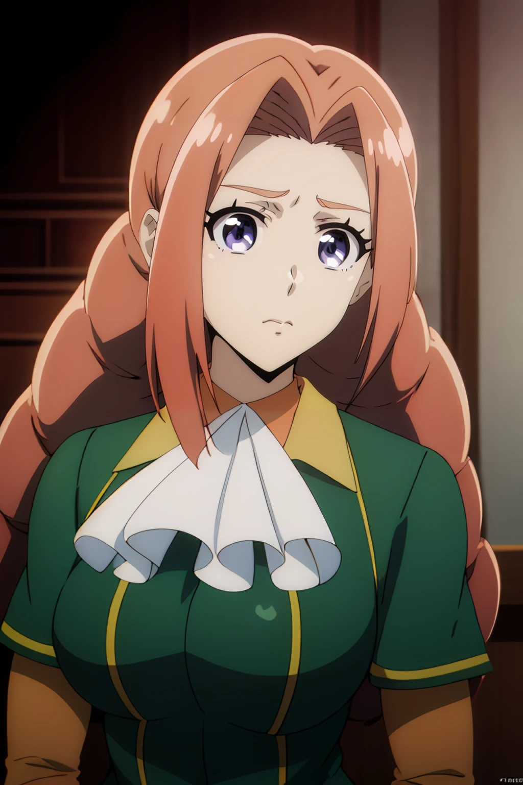 <lora:Sheila Ibarss:0.7> sheila ibarss, 1girl, long_hair, brown_hair, purple_eyes, solo, braid, hair_intakes, , ascot, uniform, cowboy shot, best_quality, highres, extremely_detailed, anime perfect detailed style, 8k, masterpiece, anime art style, anime coloring,