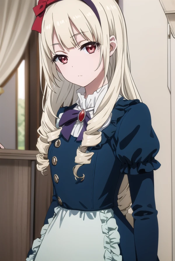 rinkoogasawara, <lora:rinko ogasawara s1-lora-nochekaiser:1>,
rinko ogasawara, long hair, blonde hair, (red eyes:1.3), bow, hair bow, hairband, drill hair, twin drills,
BREAK dress, dress, blue dress, bowtie, gemstone, puffy sleeves, juliet sleeves, long sleeves, frills, pantyhose,
BREAK indoors, office,
BREAK looking at viewer, (cowboy shot:1.5), dynamic pose,
BREAK <lyco:GoodHands-beta2:1>, (masterpiece:1.2), best quality, high resolution, unity 8k wallpaper, (illustration:0.8), (beautiful detailed eyes:1.6), extremely detailed face, perfect lighting, extremely detailed CG, (perfect hands, perfect anatomy),
