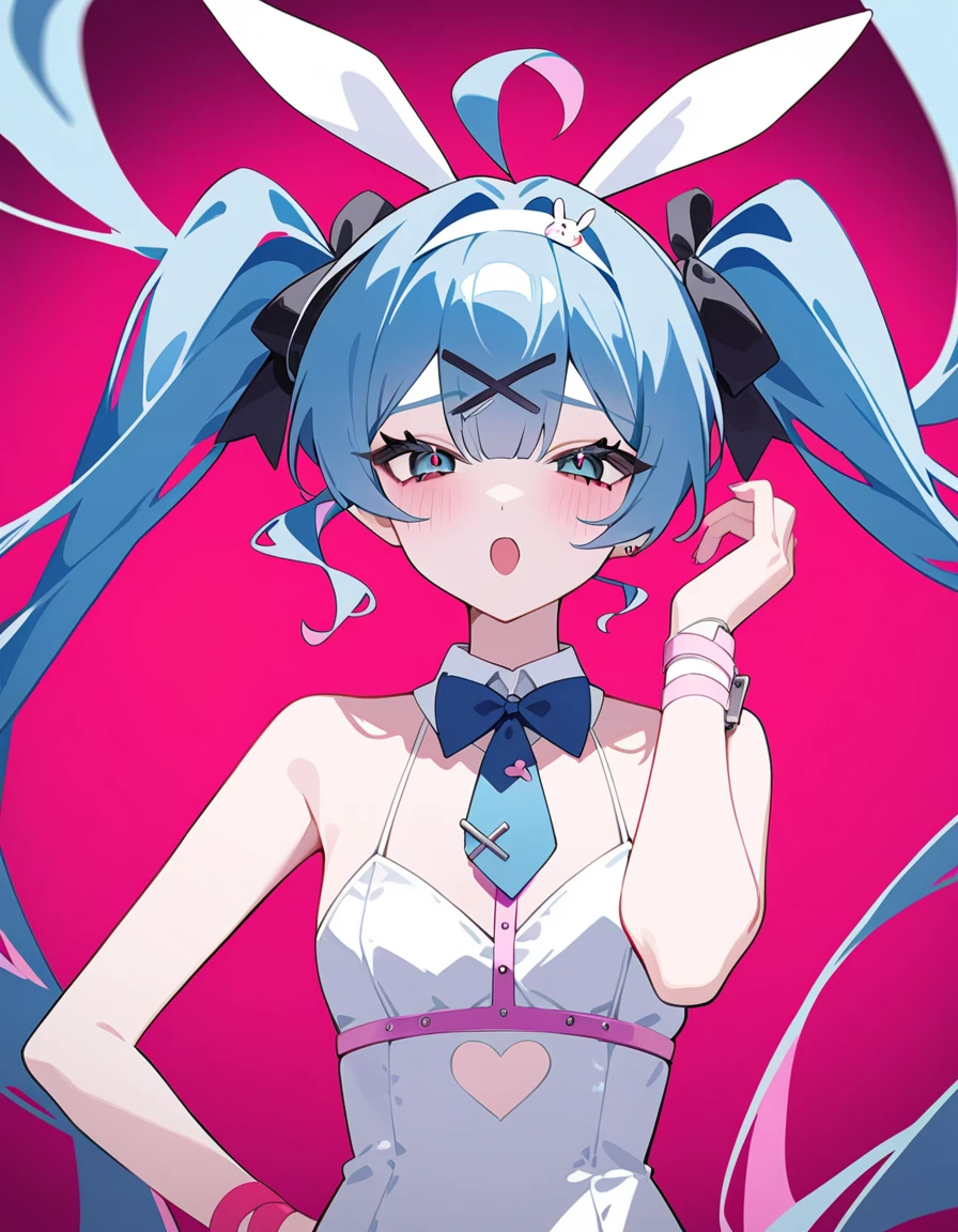 1girl,  hatsune miku, rabbit hole \(vocaloid\), vocaloid, rating: sensitive, masterpiece, best quality, newest, playboy bunny  <lora:rabbithole_3-000004:1>, aqua eyes, 39, ahoge, alternate costume, alternate hairstyle, blue hair, blue necktie, collarbone, floating hair, hair between eyes, hand on own hip, long hair, necktie, school uniform, shirt, solo, twintails, upper body, very long hair, white shirt