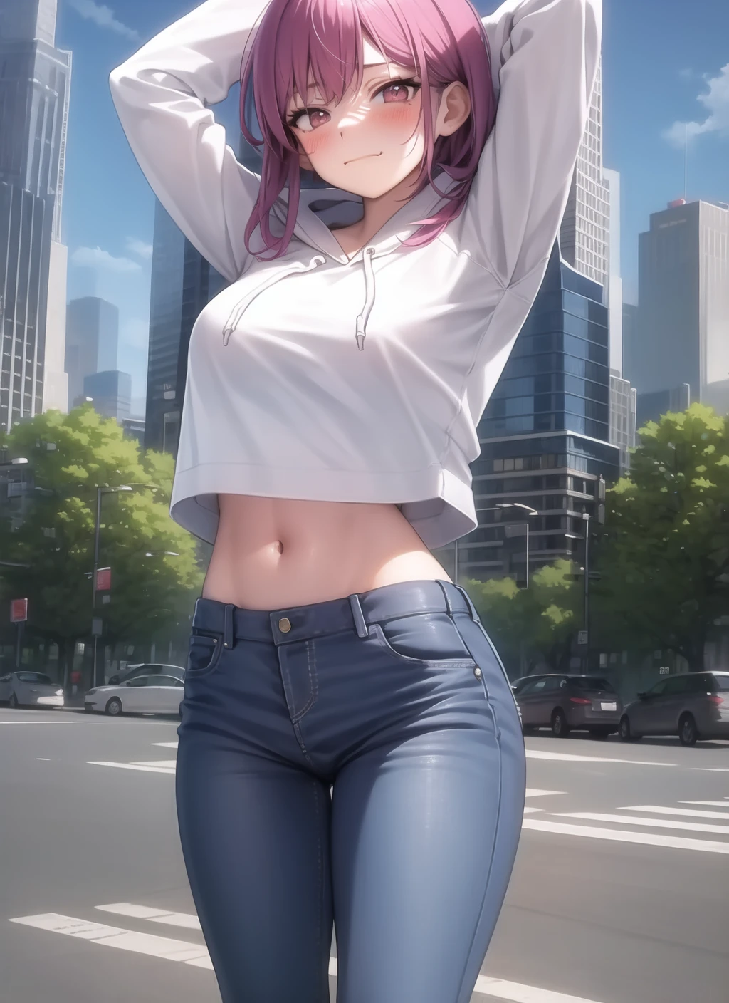 masterpiece, best quality, 1girl, perfect lighting, crop top overhang, hoodie, long sleeves, arms up, smug, closed mouth, blush, outdoors, cityscape, jeans, <lora:crop_top_overhang_v2:0.9>