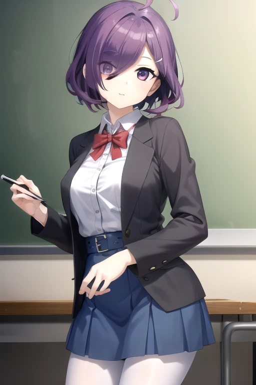 ((masterpiece)),(best quality),official art,extremely detailed CG,unity 8k wallpaper,ultra detailed,beautiful detailed eyes,extremely detailed face,classroom,1girl,solo,cowboy shot,looking at viewer,facing viewer,Nemuribuka Maruri,ahoge,short hair,purple hair,hair ornament,hairclip,hair over one eye,bangs,purple eyes,black jacket,open jacket,collared shirt,white shirt,red bowtie,long sleeves,medium breasts,blue skirt,white pantyhose,loafers,<lora:Nemuribuka Maruri(sin):0.8>,