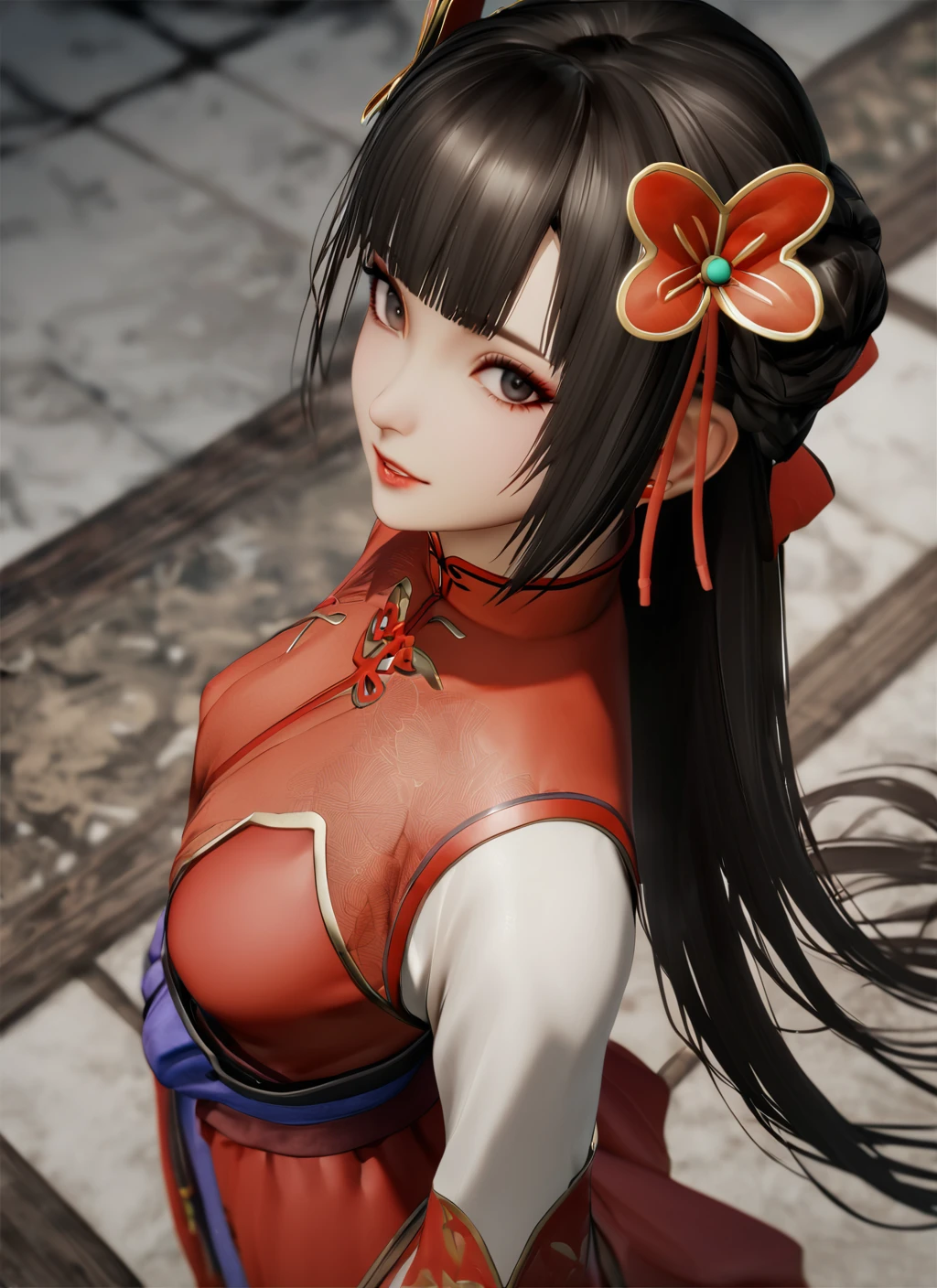 masterpiece, best quality, dynasty warriors_daqiao, chinese clothes, red dress, from side, looking at viewer, from above, black eyes, long hair, blunt bangs, <lora:dynasty warrios_å¤§ä¹_xl:0.8>