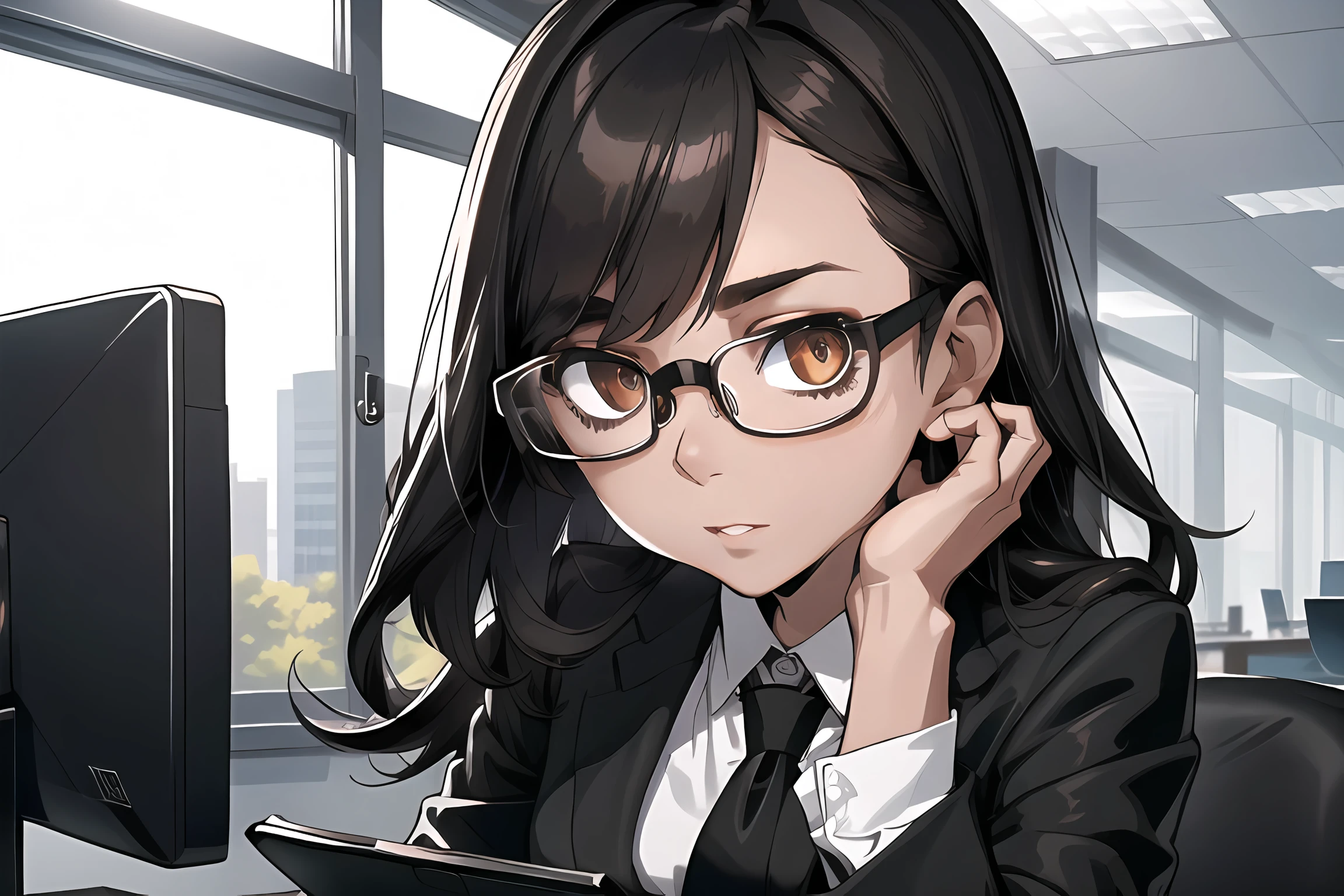 The girl is smart and wears glasses. Her hair is shoulder-length, straight, and dark brown. She's wearing a white blouse, a black blazer, a black skirt, and black pumps. The background is a modern office setting with windows and a desk. Her glasses have thin, silver frames and are perched on the bridge of her nose. Her eyes are brown and focused on the computer screen. The prompt for improving the image quality is to increase the sharpness and contrast of the glasses to make them stand out more.To enhance the image quality, use high-resolution graphics and focus on the details of her glasses, such as reflections and the texture of the frames. Increase the sharpness and clarity of the glasses to make them stand out more. Adjust the lighting to bring out the highlights in her hair and make it appear shinier. Increase the contrast in the image to bring out the sharpness in her facial features and make them more defined. Adjust the color balance to enhance the natural skin tone of her face and bring out a healthy-looking complexion.