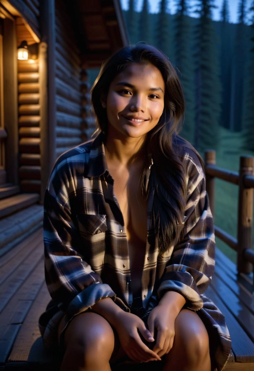 25 year old Native american, CharlotteXL, flawless skin, DonMN1gh7XL, wearing an oversized flannel shirt, completely unbuttoned, sitting on the porch steps of a log cabin at night, a mug cradled in her hands, smiling contentedly, chiaroscuro, dark, low-key